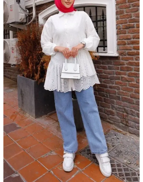 Fırfır Ve Fisto Detaylı İnci Düğmeli Gömlek -Beyaz