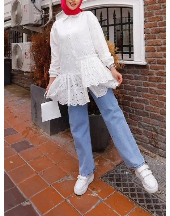 Fırfır Ve Fisto Detaylı İnci Düğmeli Gömlek -Beyaz