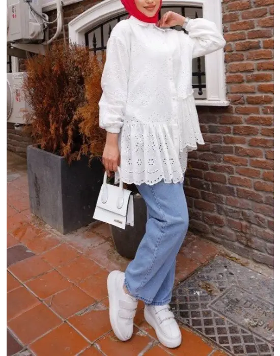 Fırfır Ve Fisto Detaylı İnci Düğmeli Gömlek -Beyaz