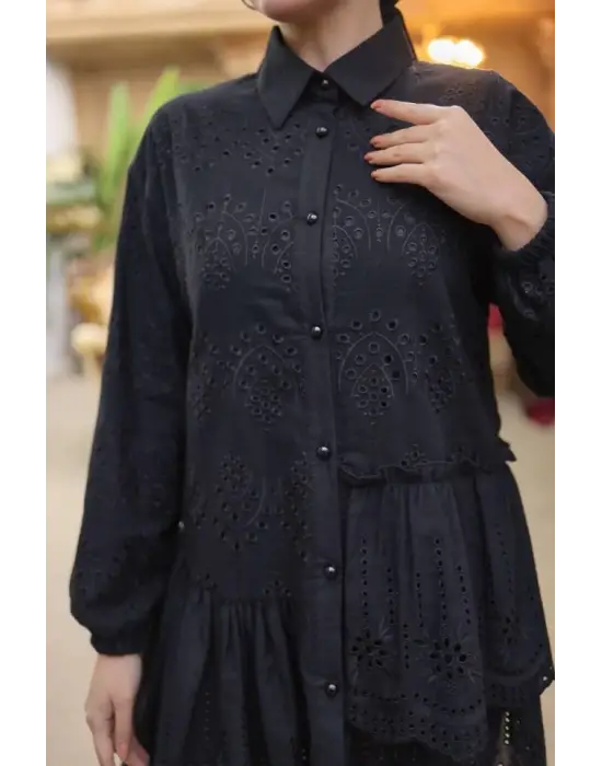 Omarı Detaylı İnci Düğmeli Fırfır Gömlek - Siyah