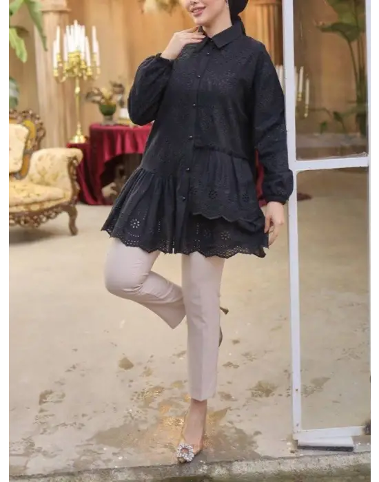 Fırfır Ve Fisto Detaylı İnci Düğmeli Gömlek -Siyah