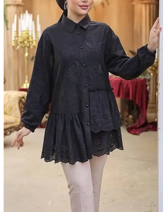 Omarı Detaylı İnci Düğmeli Fırfır Gömlek - Siyah