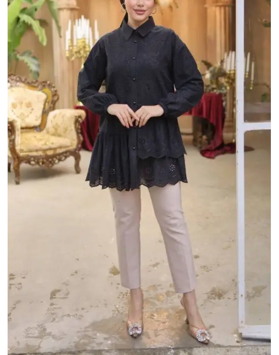 Fırfır Ve Fisto Detaylı İnci Düğmeli Gömlek -Siyah