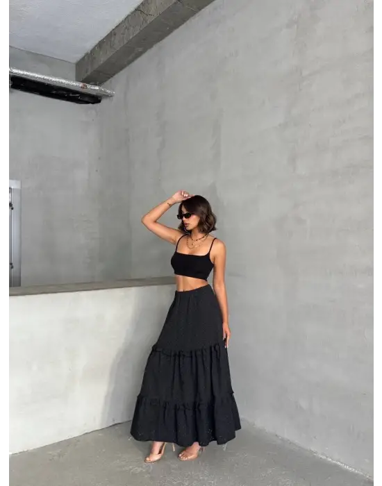 Fırfırlı brodeli astarlı uzun etek siyah s255047