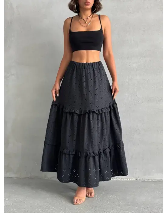 Omarı Modern Fırfır Detaylı Siyah Uzun Etek