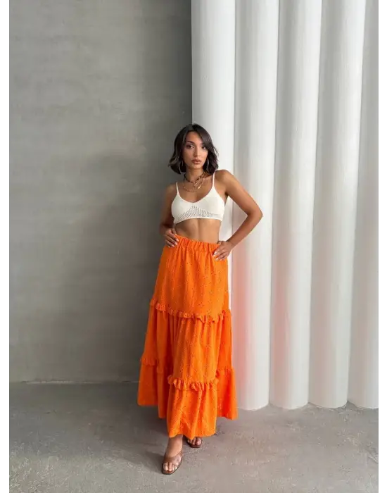Fırfırlı brodeli astarlı uzun etek turuncu s255047