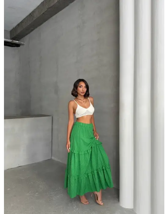 Fırfırlı brodeli astarlı uzun etek yeşil s255047
