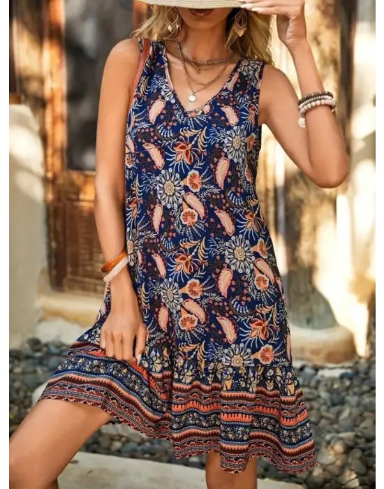 Omarı Fırfırlı Desenli V Yakalı Kadın Askılı Elbise