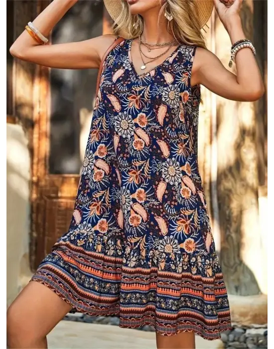 Omarı Fırfırlı Desenli V Yakalı Kadın Askılı Elbise