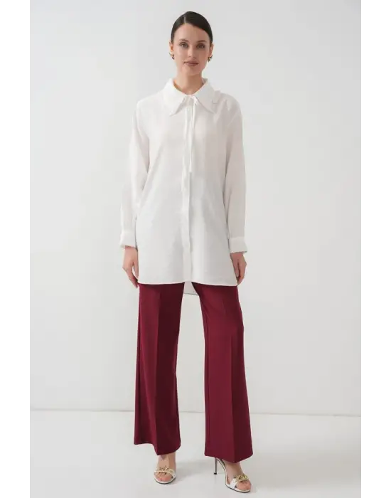 Fırfırlı Uzun Gömlek Tunik 5952 - Beyaz