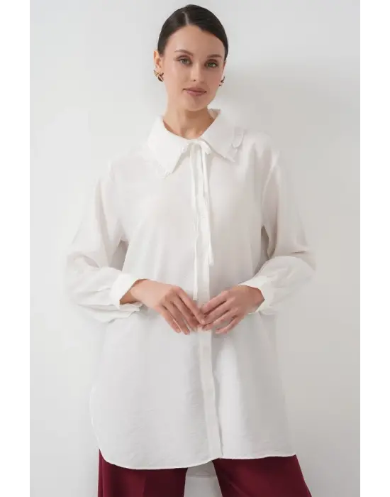 Fırfırlı Uzun Gömlek Tunik 5952 - Beyaz