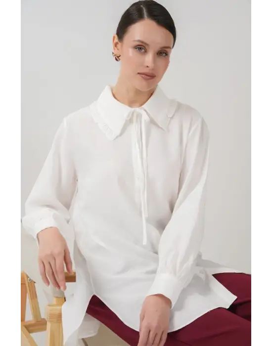 Fırfırlı Uzun Gömlek Tunik 5952 - Beyaz