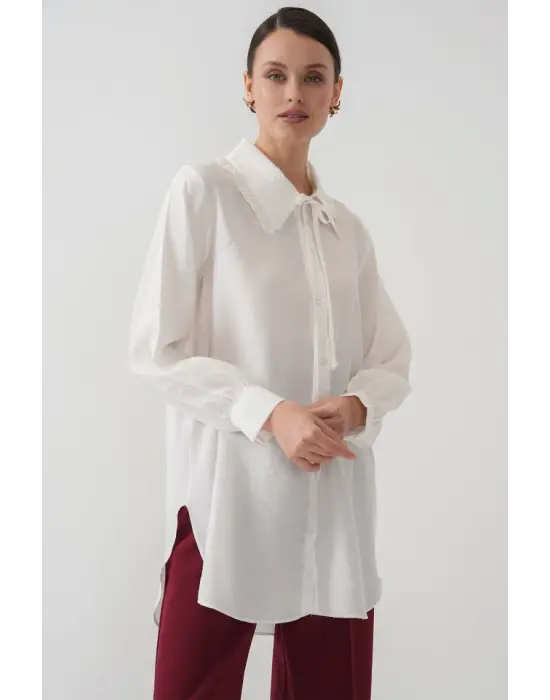 Fırfırlı Uzun Gömlek Tunik 5952 - Beyaz