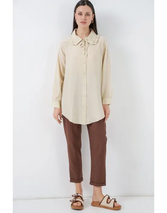 Fırfırlı Uzun Gömlek Tunik 5952 - Ekru