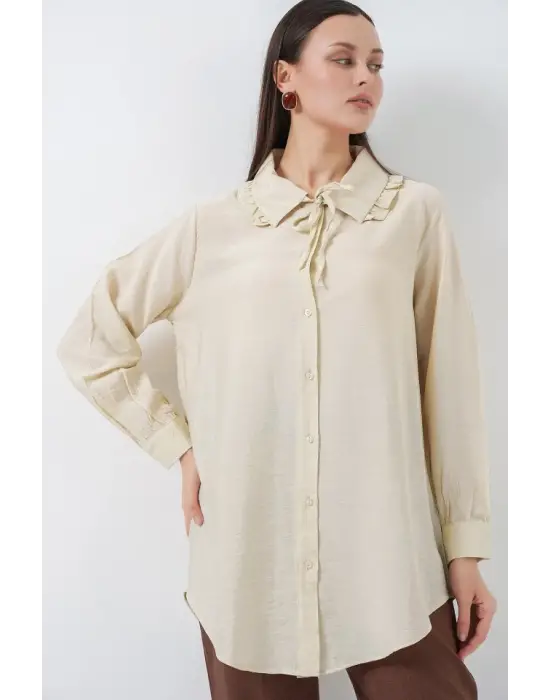 Fırfırlı Uzun Gömlek Tunik 5952 - Ekru