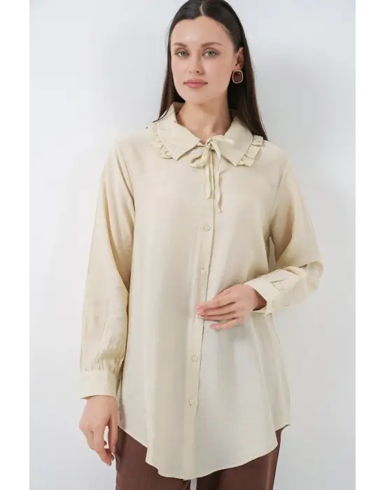 Fırfırlı Uzun Gömlek Tunik 5952 - Ekru