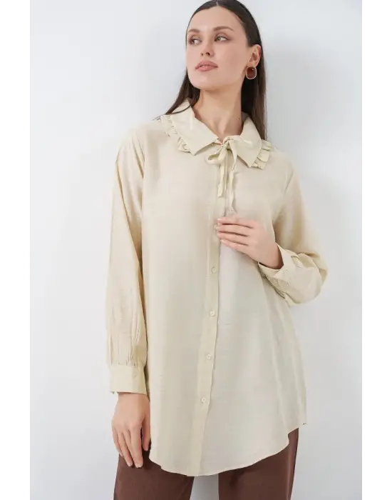 Fırfırlı Uzun Gömlek Tunik 5952 - Ekru
