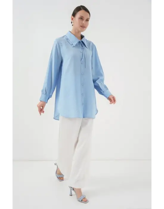 Fırfırlı Uzun Gömlek Tunik 5952 - Mavi