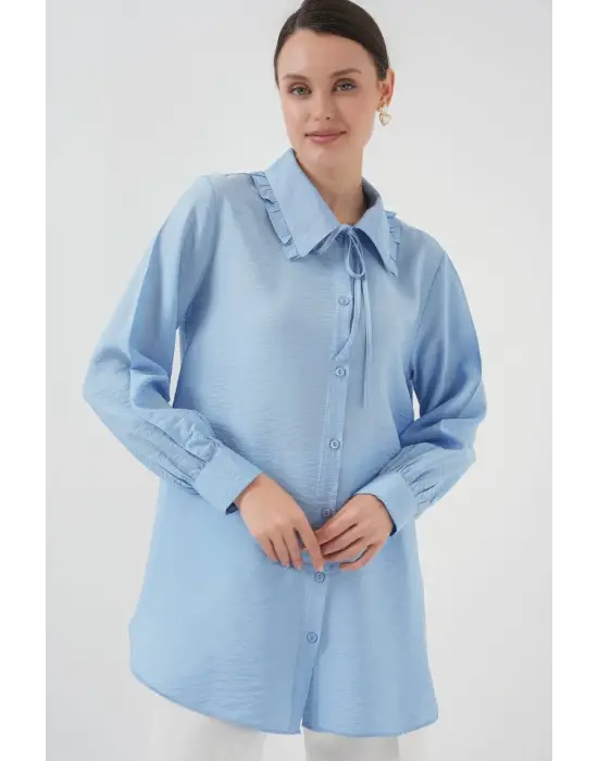 Fırfırlı Uzun Gömlek Tunik 5952 - Mavi