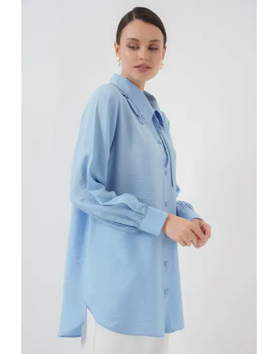 Fırfırlı Uzun Gömlek Tunik 5952 - Mavi