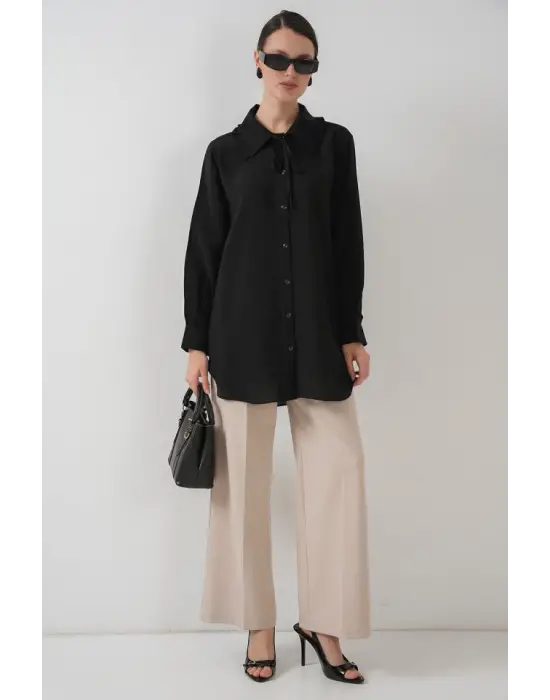 Fırfırlı Uzun Gömlek Tunik 5952 - Siyah