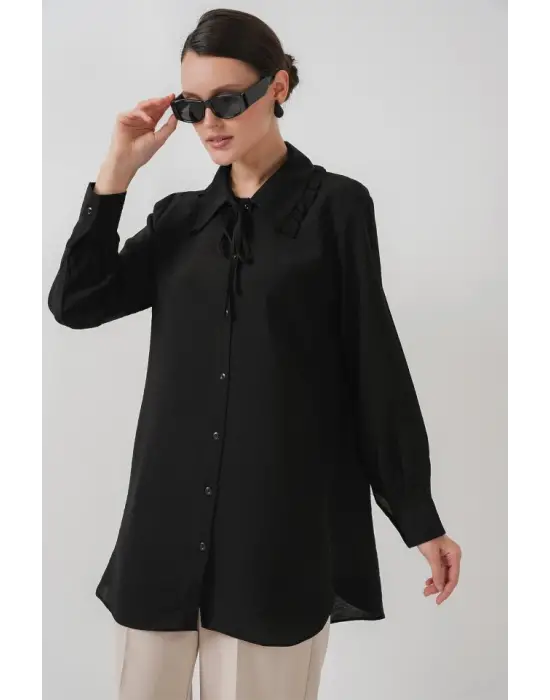 Fırfırlı Uzun Gömlek Tunik 5952 - Siyah
