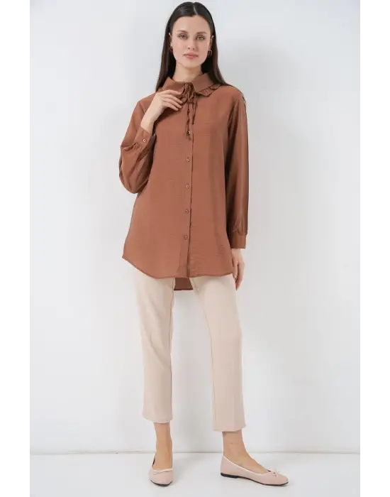 Fırfırlı Uzun Gömlek Tunik 5952 - Sütlü Kahve