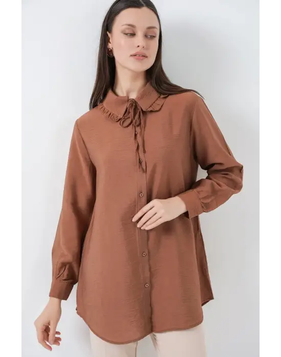 Fırfırlı Uzun Gömlek Tunik 5952 - Sütlü Kahve