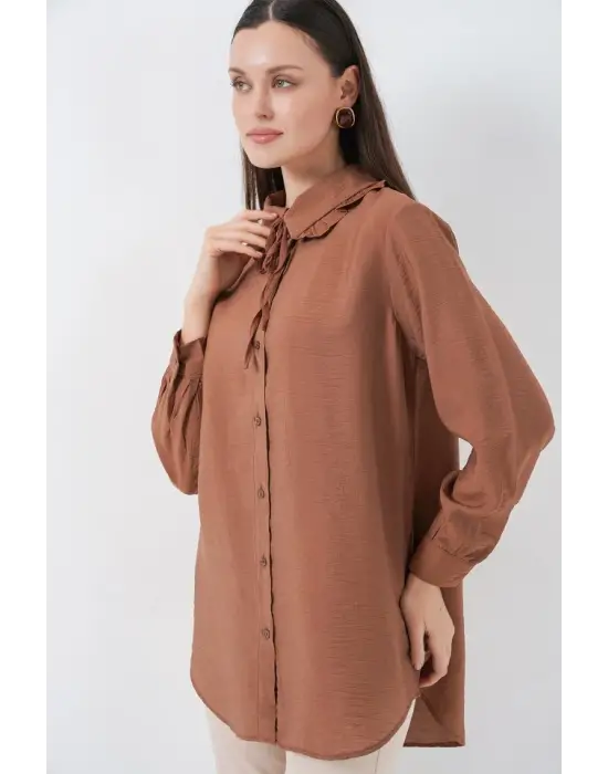 Fırfırlı Uzun Gömlek Tunik 5952 - Sütlü Kahve