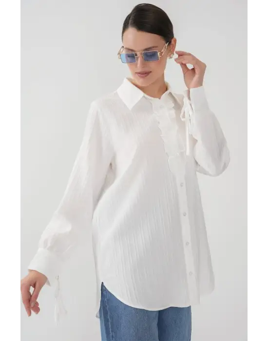 Fırfırlı Uzun Gömlek Tunik 5953 - Beyaz