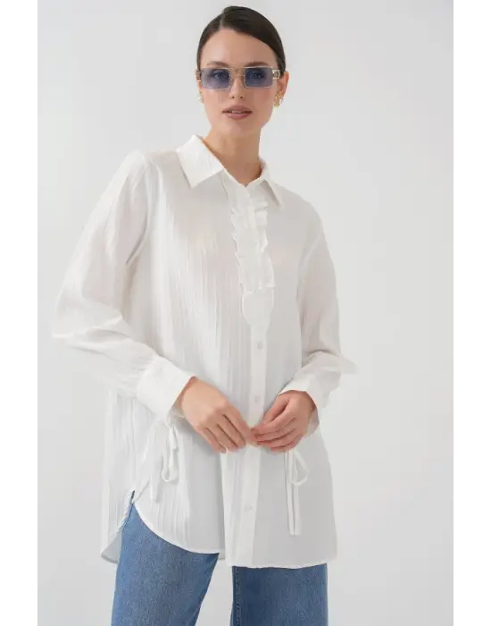 Fırfırlı Uzun Gömlek Tunik 5953 - Beyaz