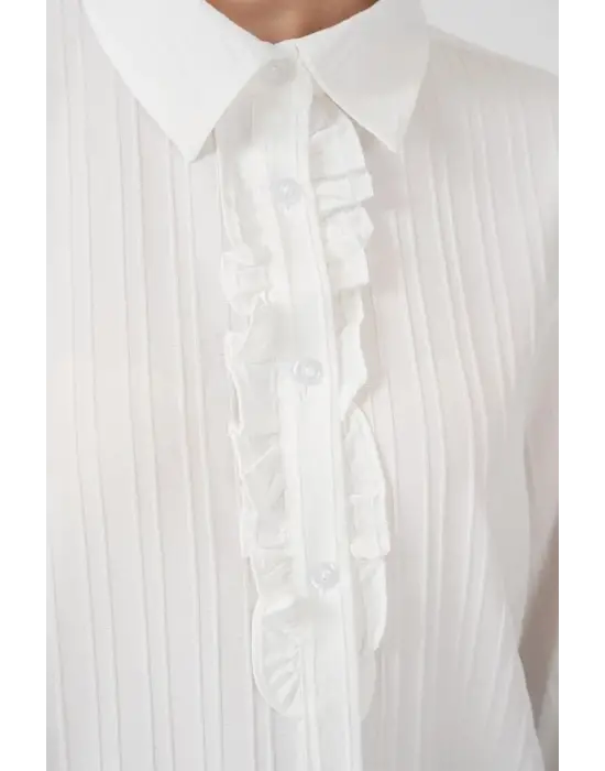 Fırfırlı Uzun Gömlek Tunik 5953 - Beyaz