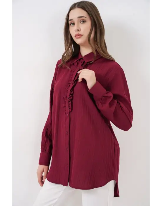 Fırfırlı Uzun Gömlek Tunik 5953 - Bordo