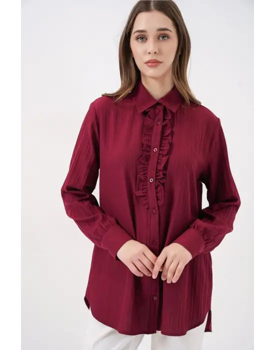 Fırfırlı Uzun Gömlek Tunik 5953 - Bordo