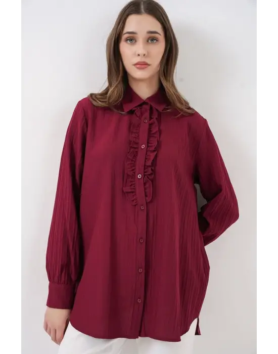 Fırfırlı Uzun Gömlek Tunik 5953 - Bordo