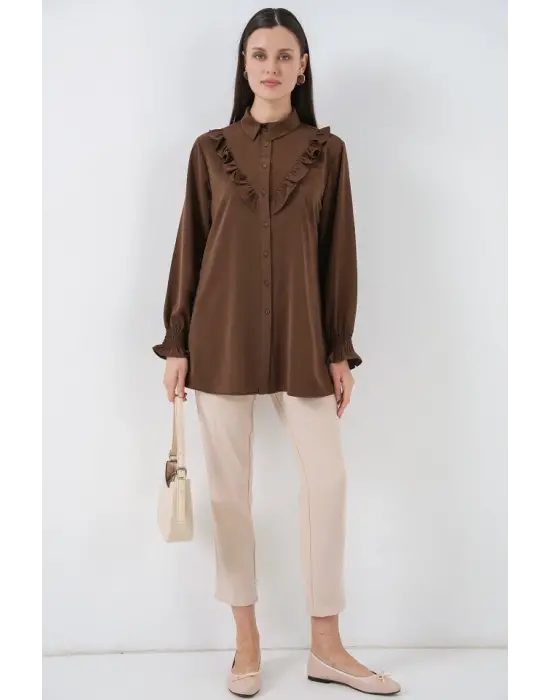 Fırfırlı Uzun Gömlek Tunik 5986 - Kahverengi