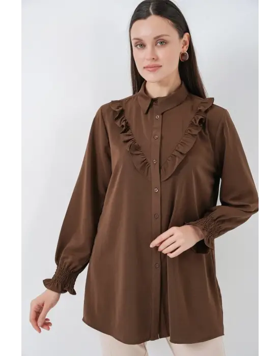 Fırfırlı Uzun Gömlek Tunik 5986 - Kahverengi