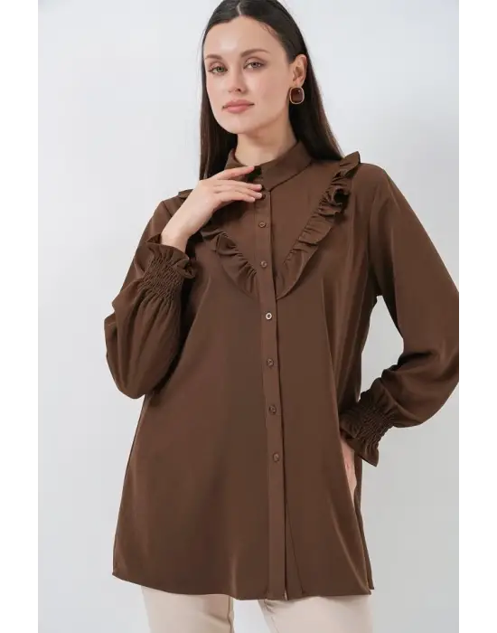 Fırfırlı Uzun Gömlek Tunik 5986 - Kahverengi
