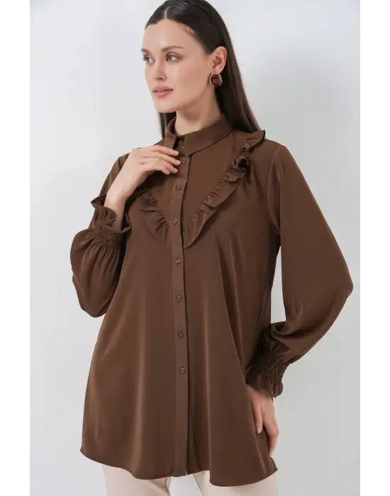 Fırfırlı Uzun Gömlek Tunik 5986 - Kahverengi