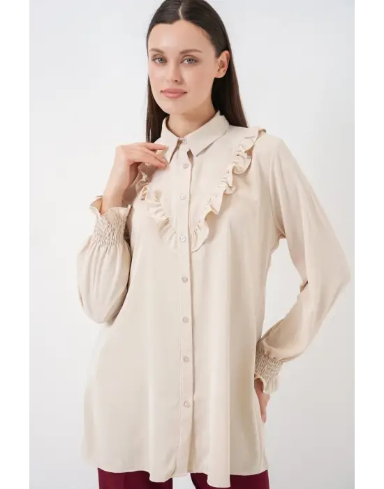 Fırfırlı Uzun Gömlek Tunik 5986 - Krem