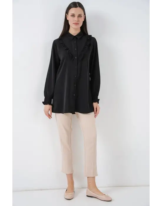 Fırfırlı Uzun Gömlek Tunik 5986 - Siyah