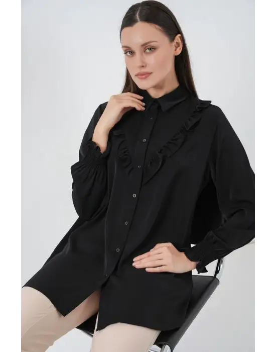 Fırfırlı Uzun Gömlek Tunik 5986 - Siyah