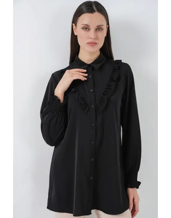 Fırfırlı Uzun Gömlek Tunik 5986 - Siyah