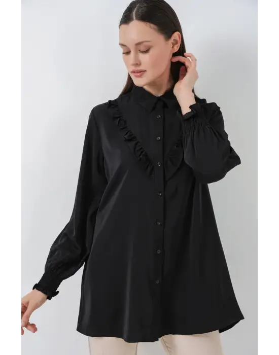 Fırfırlı Uzun Gömlek Tunik 5986 - Siyah