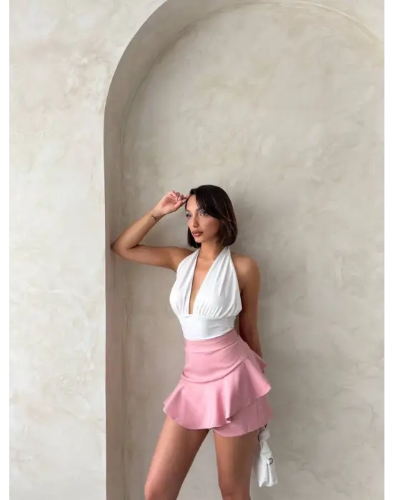 Omarı Yüksek Bel Fırfırlı Kısa Şort