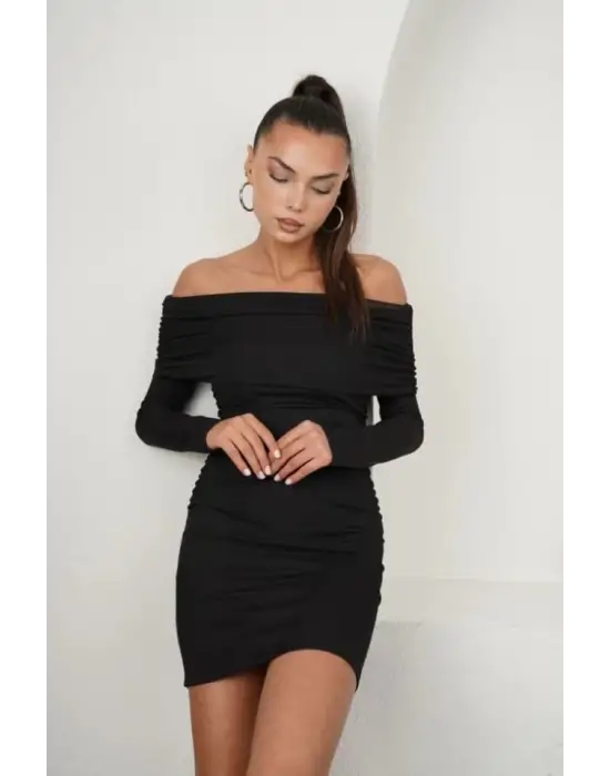 Omarı Beyaz Büzgülü Mini Elbise