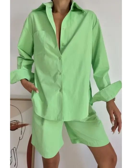 Omarı Fıstık Yeşili Cepli Gömlek ve Şort Takımı
