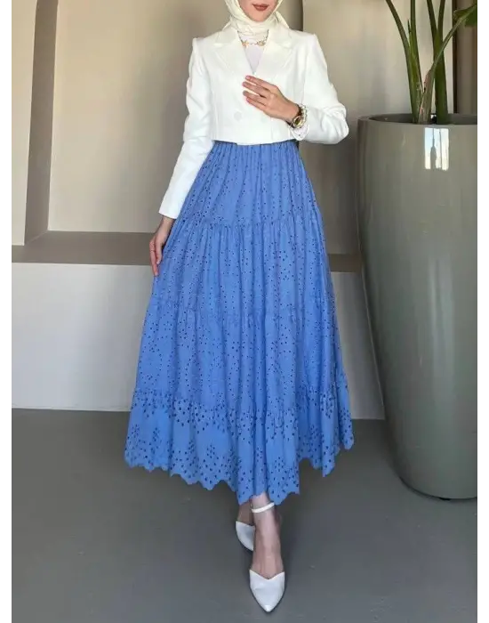 Omarı Fisto İşlemeli Katlamalı Mavinin Etkileyici Etek Tasarımı