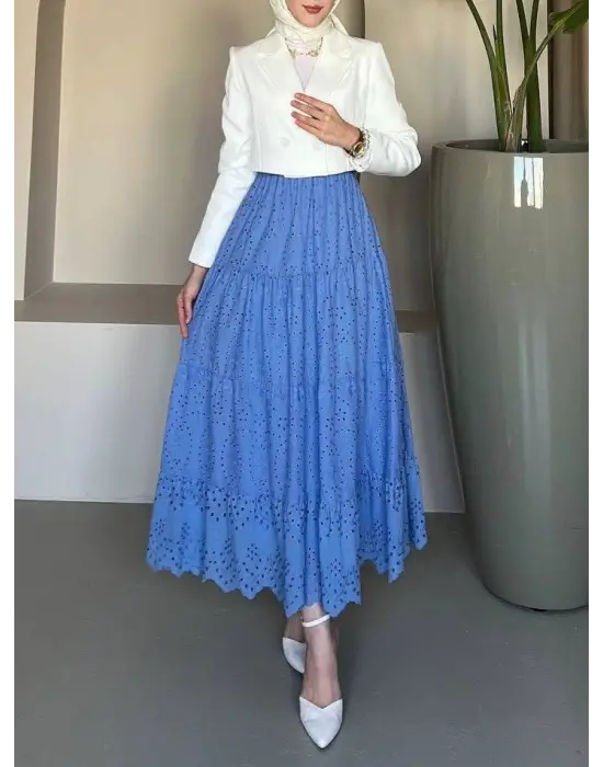 Fisto İşlemeli Katlamalı Etek -Mavi