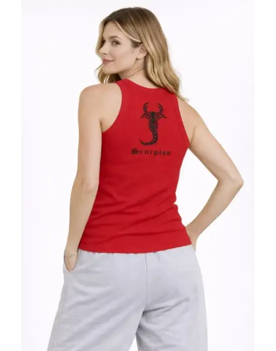 Fitilli Atlet Sıfır Yaka Slim Fit Arka Baskılı Spor Atlet - Kırmızı